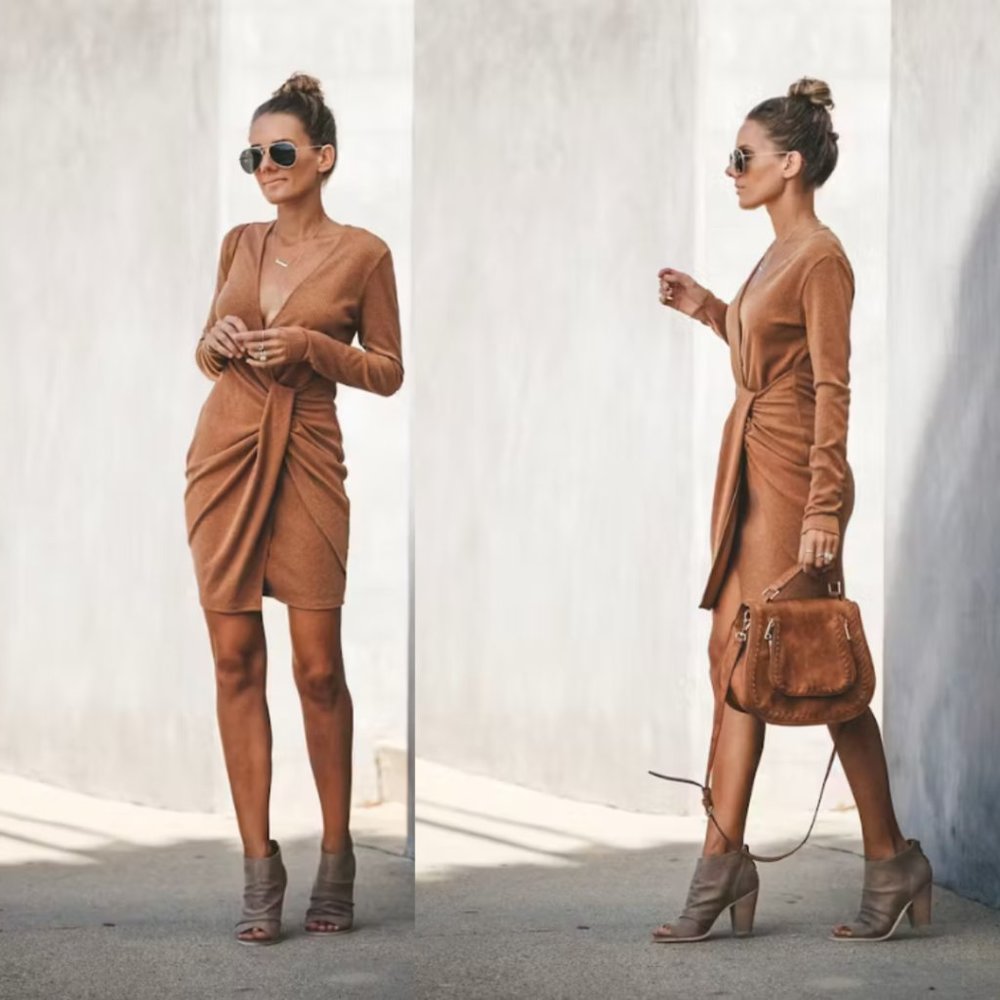 NWOT Vici Gabriella Ribbed Twist Dress - Camel